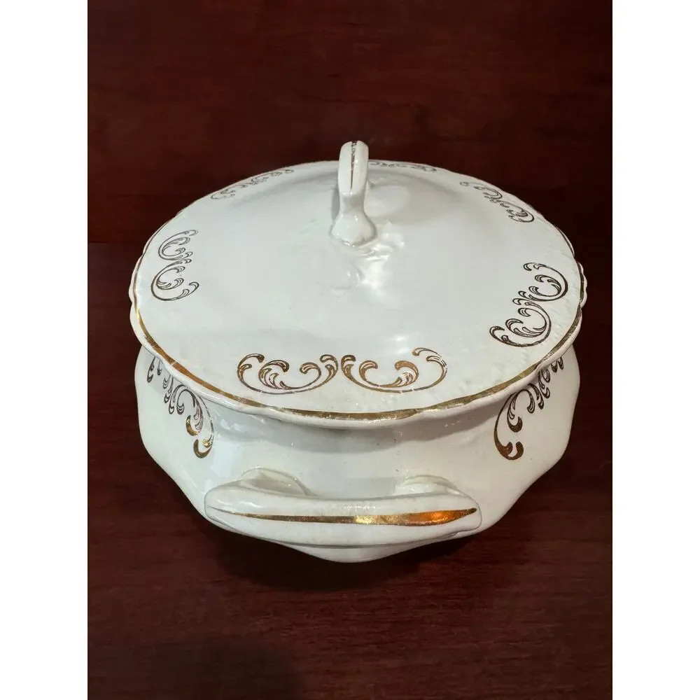 Vintage Semi-Vitreous Porcelain Oval Serving Dish Tureen With Lid & Handles